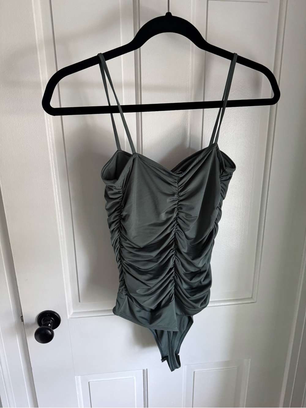 Express Ruched Green Spaghetti-Strap Bodysuit